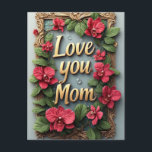 Love You Mom Floral Frame Mother's Day Briefkaart<br><div class="desc">Elegant Mother's Day greeting card with gold lettering reading 'Love You Mom',  surrounded by red orchid blooms,  lush green leaves and an ornate gold frame conveying love,  gratitude and celebration.</div>