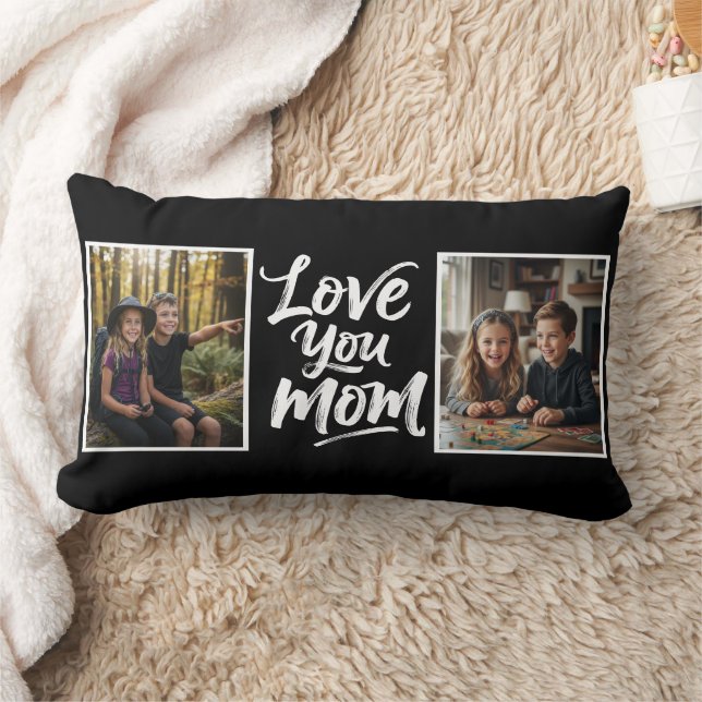 Love You Mom Two Photo Brush Script Keepsake black Kussen (Deken)