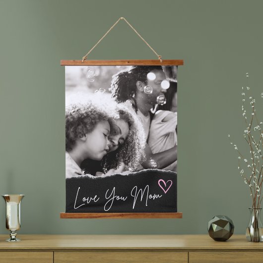 Love You Mom Zwart Wit Roze Hart Custom Photo Hangend Wandkleed