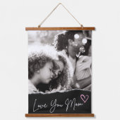 Love You Mom Zwart Wit Roze Hart Custom Photo Hangend Wandkleed (Voorkant)