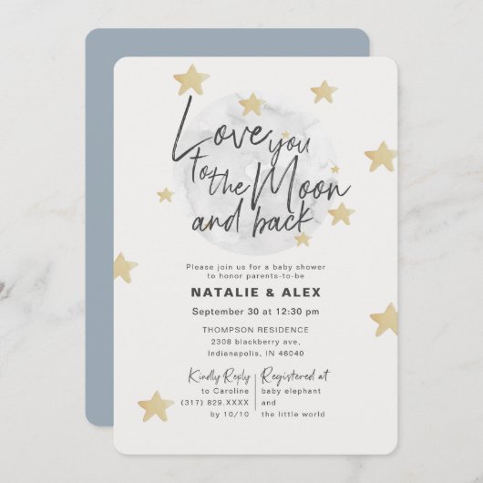 Love You Moon & Back Boy Baby shower Uitnodiging (Voorkant / Achterkant)