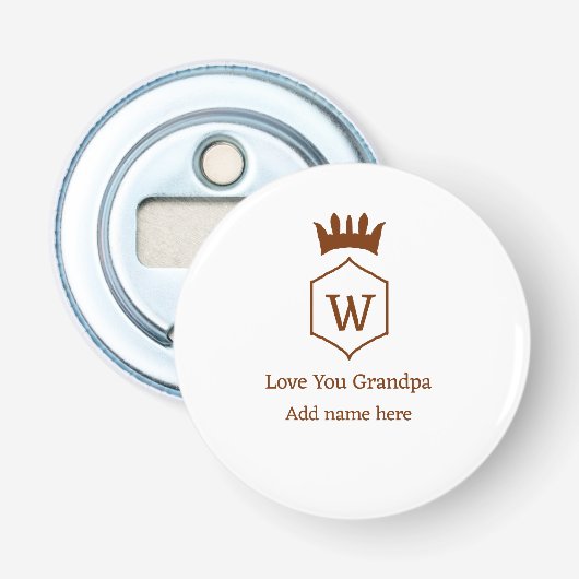 Love you opa kroon voeg naamgegevens bruin squa button flesopener (Voorkant)