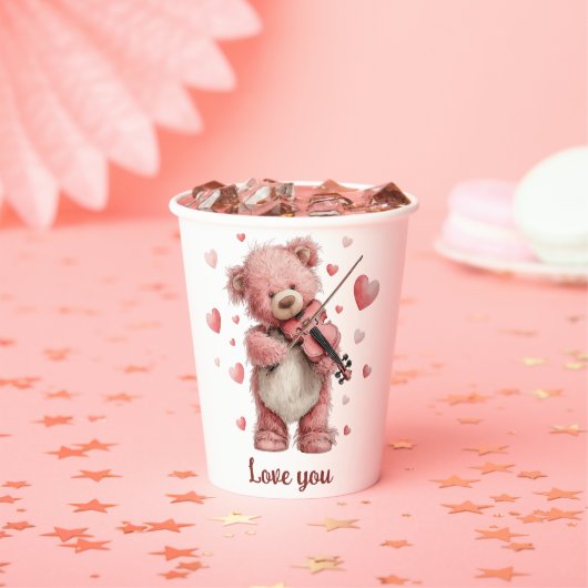 Love You Teddy with Violin Paper cup Papieren Bekers (Insitu)