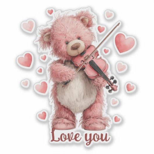 Love You Teddy with Violin Sticker (Voorkant)