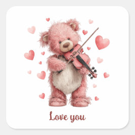 Love You Teddy with Violin Vierkante Sticker