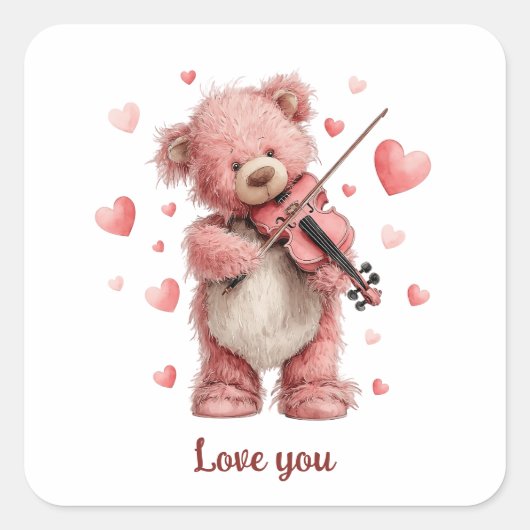 Love You Teddy with Violin Vierkante Sticker (Voorkant)