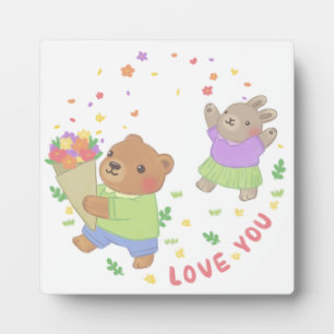 Love You: Teddybeer en konijn met bloemen Fotoplaat