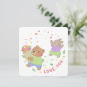 Love You: Teddybeer en konijn met bloemen Kaart (Staand voorkant)