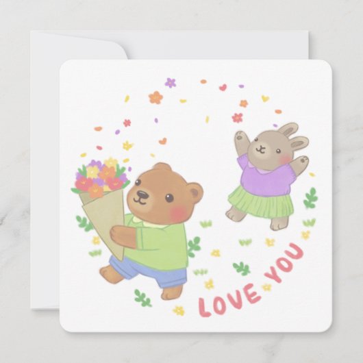 Love You: Teddybeer en konijn met bloemen Kaart (Voorkant)