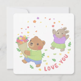 Love You: Teddybeer en konijn met bloemen Kaart