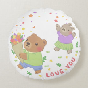Love You: Teddybeer en konijn met bloemen Rond Kussen