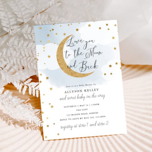 Love You to the Moon, Gold Stars Blue Baby shower Kaart