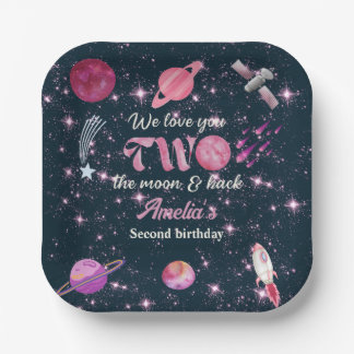 Love You Two The Moon Girls Roze 2de Verjaardag Papieren Bordje