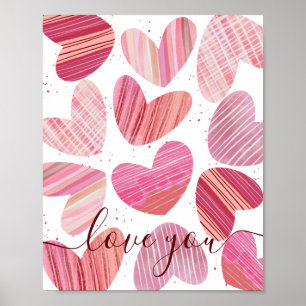 Love You Valentijn Pink Waterverf Hearts Poster