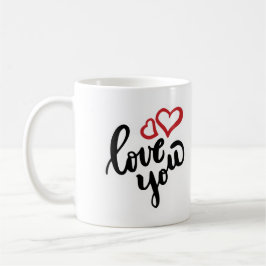 Love You zwart en rood met hart Koffiemok