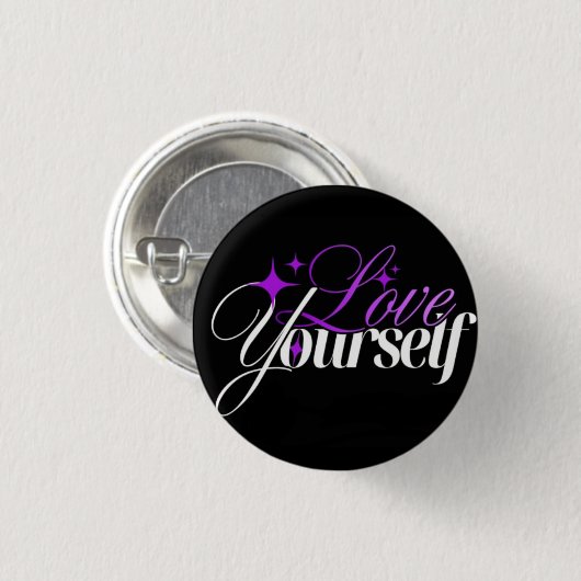Love Yourself Purple & White Script Button (Voorkant /achterkant)