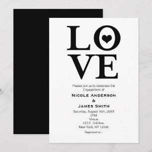 LOVE Zwart- en wit trouwfeest verlovingsuitnodigin Kaart