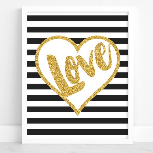 Love Zwart & Wit Goud Glitter Strepen Poster