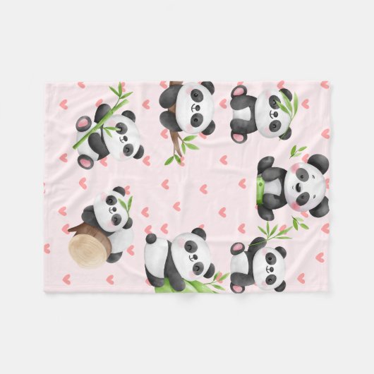 Loveable Pandas & Heart Pattern Fleece Deken (Voorkant (Horizontaal))