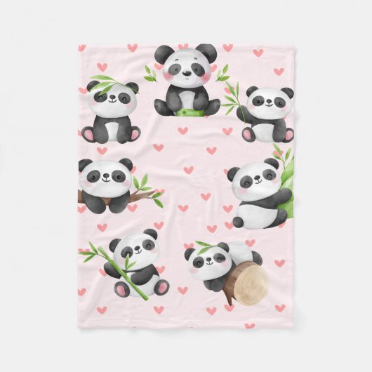 Loveable Pandas & Heart Pattern Fleece Deken (Voorkant)
