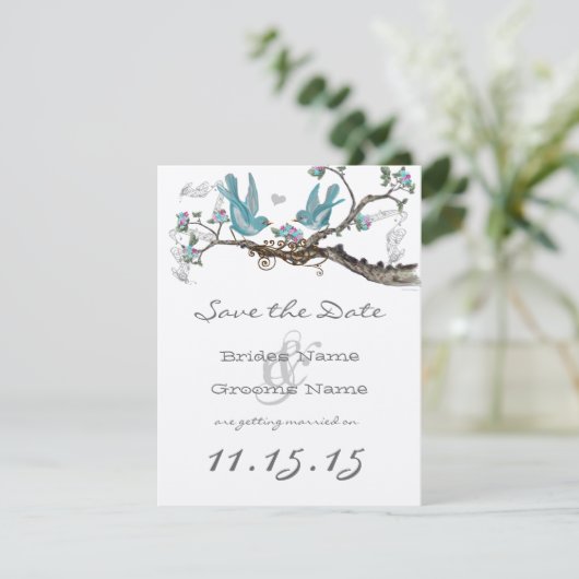 Lovebird Aqua Blue en Roze sparen de Datum Kaart (Staand voorkant)
