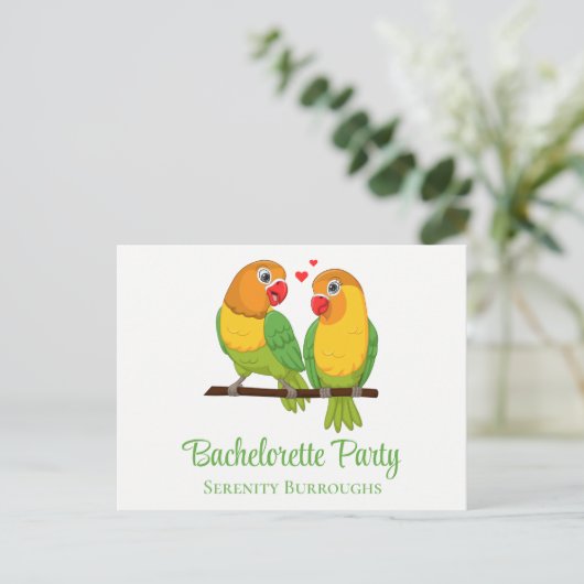 Lovebird Geel Groen Tortelduifjes Bachelorette Uitnodiging Briefkaart (Staand voorkant)