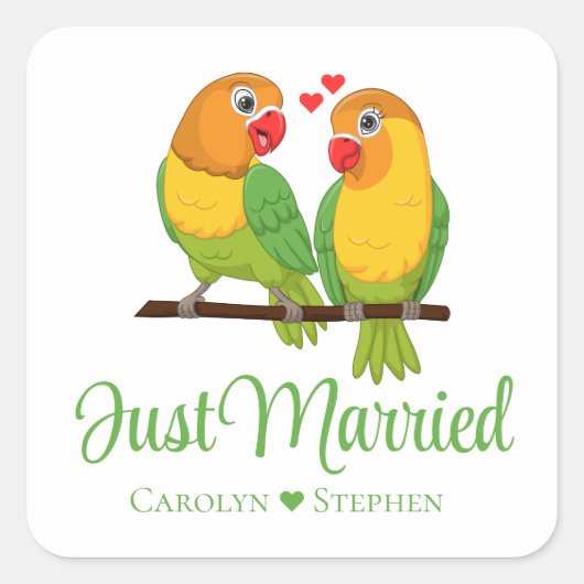 Lovebird geel Tortelduifjes net getrouwd bruiloft Vierkante Sticker (Voorkant)