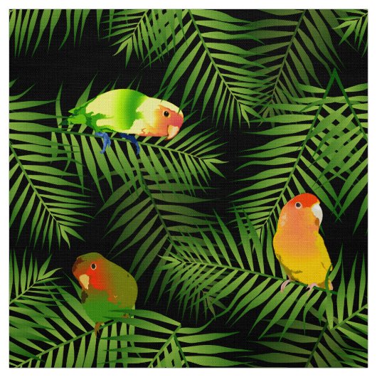 Lovebird Parrot Green Palm Leaf Bird Pattern Black Stof (Swatch)