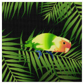 Lovebird Parrot Green Palm Leaf Bird Pattern Black Stof (Close Up)