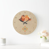 Lovebird Uilen op Burlap Monogram Klok (Huis)