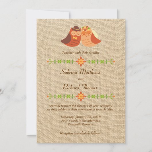 Lovebird Uilen op Burlap Wedding Kaart (Voorkant)