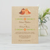 Lovebird Uilen op Burlap Wedding Kaart (Staand voorkant)