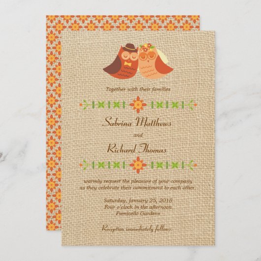Lovebird Uilen op Burlap Wedding Kaart (Voorkant / Achterkant)