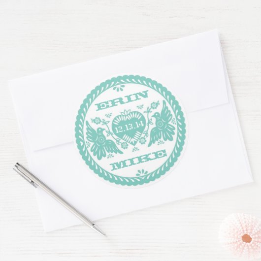 Lovebirds blauwgroen 3" ronde sticker (Envelop)