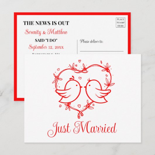 Lovebirds Boho Red Love Heart Just Married Wedding Aankondigingskaart (Voorkant / Achterkant)