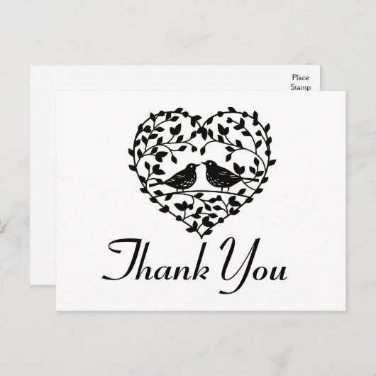 Lovebirds Dank u zwart en wit bloemenhart Briefkaart (Voorkant / Achterkant)
