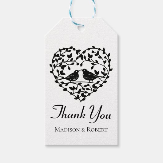 Lovebirds Dank u zwart en wit bloemenhart Cadeaulabel