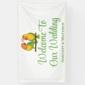 Lovebirds Groen Gele Tortelduifjes Bruiloft Welkom Spandoek (Verticaal)