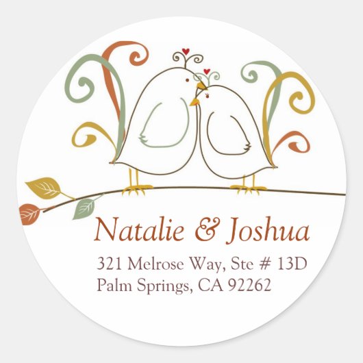 Lovebirds in de Herfst Adresetiketten Ronde Sticker (Voorkant)