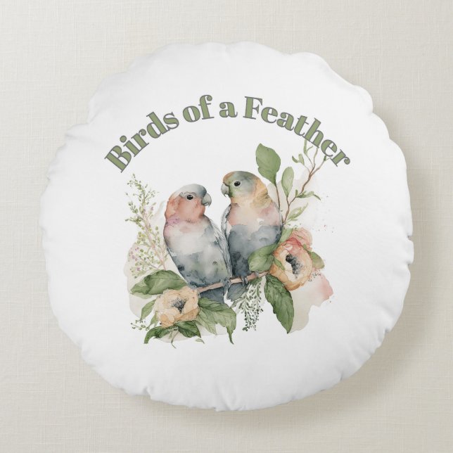 Lovebirds in Pastel Watercolors Rond Kussen (Voorkant)