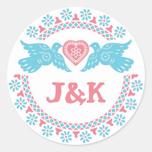 Lovebirds koraal en aqua ronde sticker (Voorkant)
