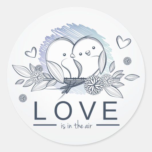 Lovebirds Liefde Is In Air Blue Bruiloft / Busines Ronde Sticker (Voorkant)