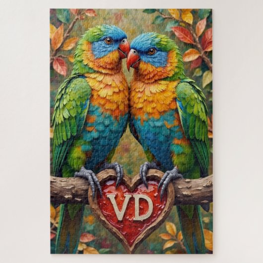 Lovebirds Nuzzling on Carved Valentine's Branch Legpuzzel (Verticaal)
