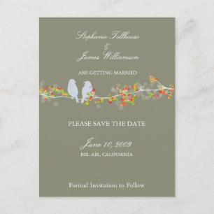Lovebirds op bloementak briefkaart/doe-het-zelf ac aankondigingskaart