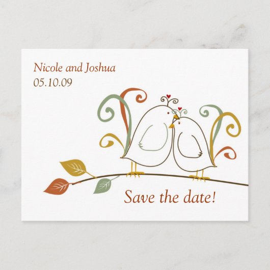 Lovebirds op takken Save the Dates Aankondigingskaart (Voorkant)