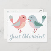 Lovebirds Pink & Blue Just Married Wedding Aankondigingskaart (Voorkant / Achterkant)