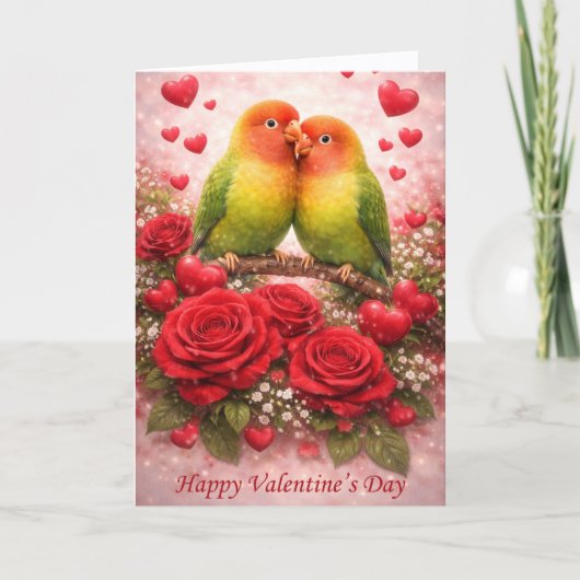 Lovebirds & Roses Valentine’s Day – Romantic Feestdagen Kaart (Voorkant)