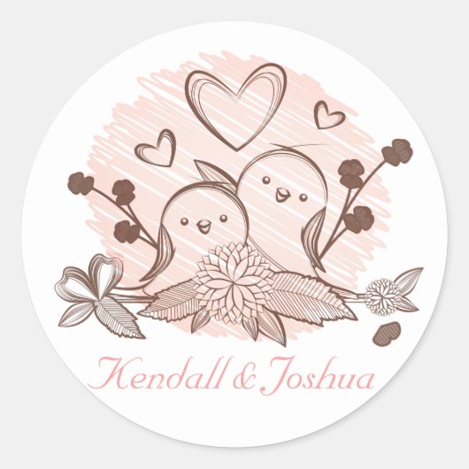 Lovebirds roze en bruin bruiloft Vrijgezellenfeest Ronde Sticker (Voorkant)