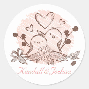 Lovebirds roze en bruin bruiloft Vrijgezellenfeest Ronde Sticker