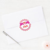 Lovebirds roze en rode ronde sticker (Envelop)